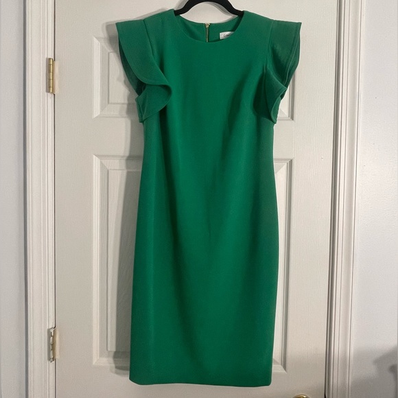 Calvin Klein Green Dress with accent sleeves, and gold zipper back. Sz 8. - Picture 2 of 6